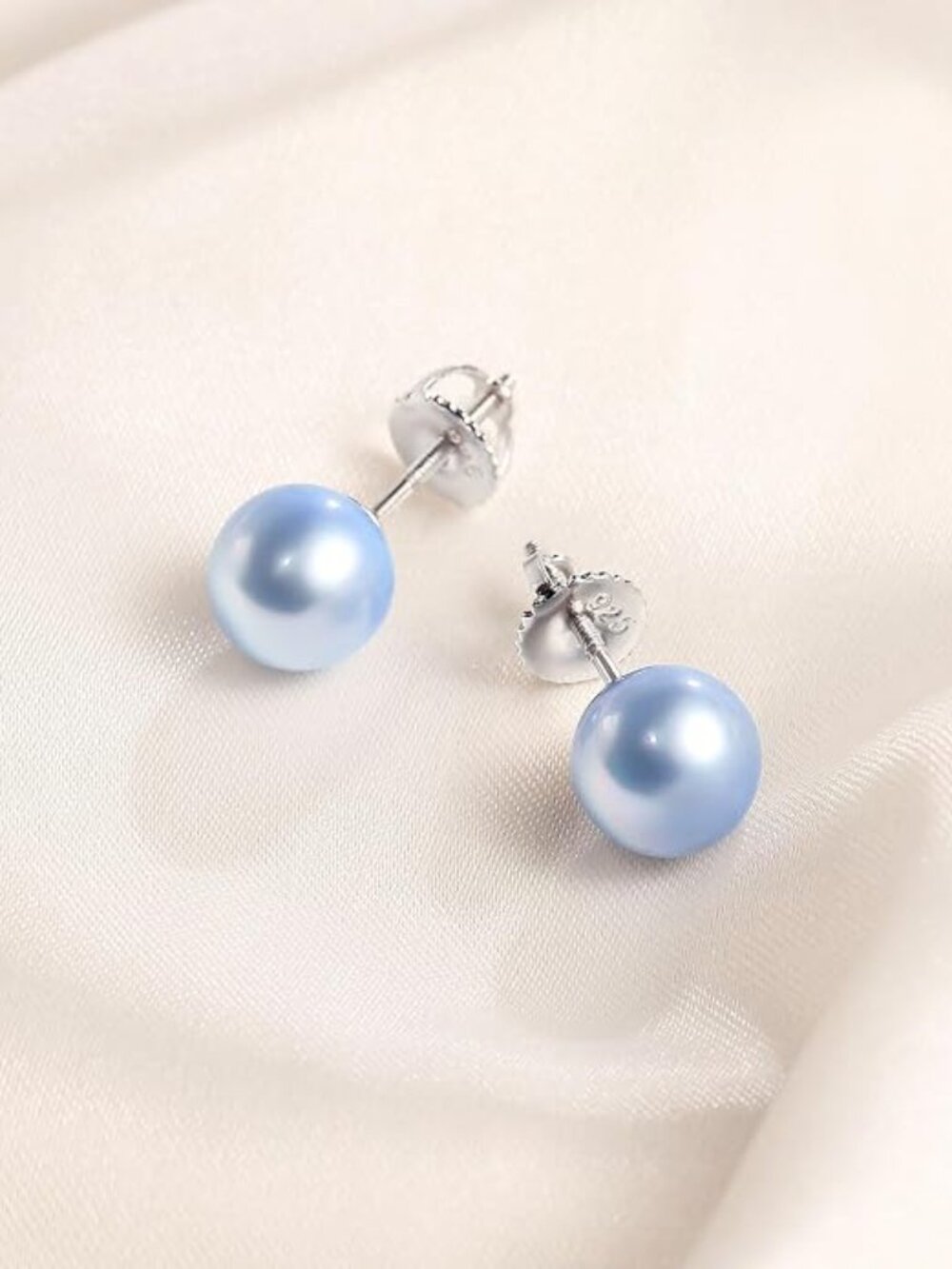 Blue Pearl Stud Earrings, 9-9.5mm Cultured Round Pearl 925 Silver Hypoallergenic